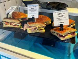 Focaccia sandwiches are displayed