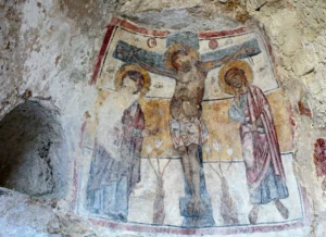 Matera, Italy % Fresco of the cave church San Nicola dei Greci