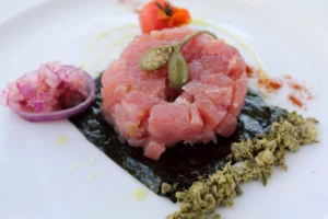 Red tuna tartare with oilive oil in monopoli